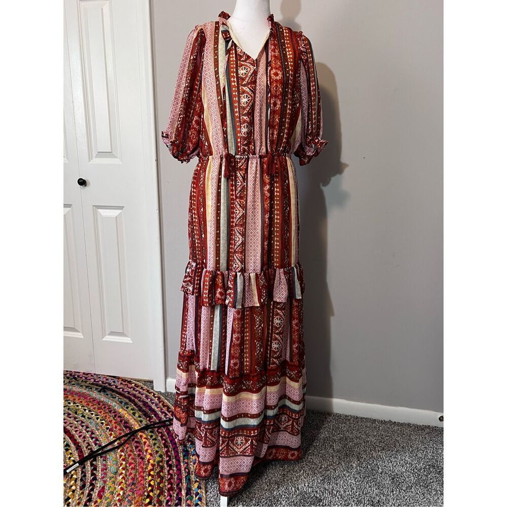 NWT Wonderly Women's Elbow Sleeve Ruffle Tiered Yarn Dyed Dress Multicolor Small